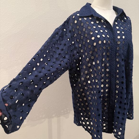 ADIVA Navy Blue Eyelet Holes Button Down Oversized Boho Beach Cover Up Top Large - Picture 3 of 7